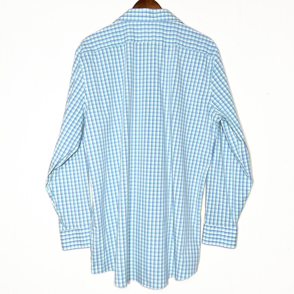 Stafford Mens Aqua Blue White Gingham Plaid Long Sleeve No Iron Buttondown Shirt - Picture 3 of 7